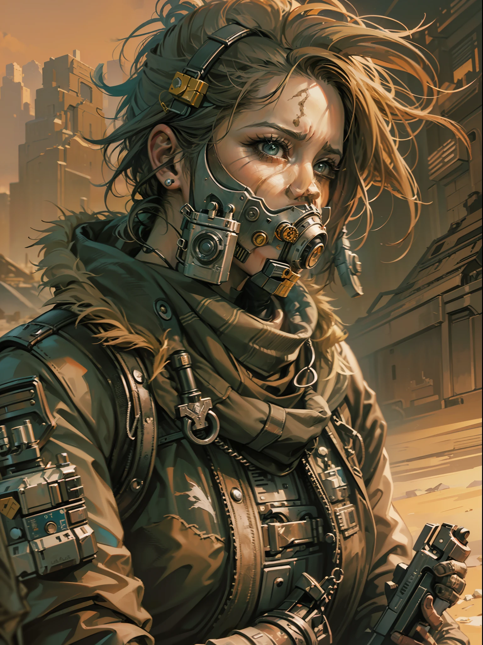 (((mtu, younge boy,,Desert punk costumes, Ropa Mad Max,Paramo costume))), The clothes ar , Abs, Brawny, attractiveness, Pose Ruda, There was a man with a gun，holding a gun in her hand, Mad Max with a gun, concept art digital illustration, estilo de arte dieselpunk, postapocalyptic explorer, illustration concept art, epic fantasy sci fi illustration, high quality digital concept art, epic scifi character art, symmetrical dieselpunk warrior, Dieselpunk soldiers, digital painting concept art,(((Borderlands style))) body, The clothes ar, , In the desolate wasteland,(((A desert caravanserai，The soldiers screamed and cursed angrily)))