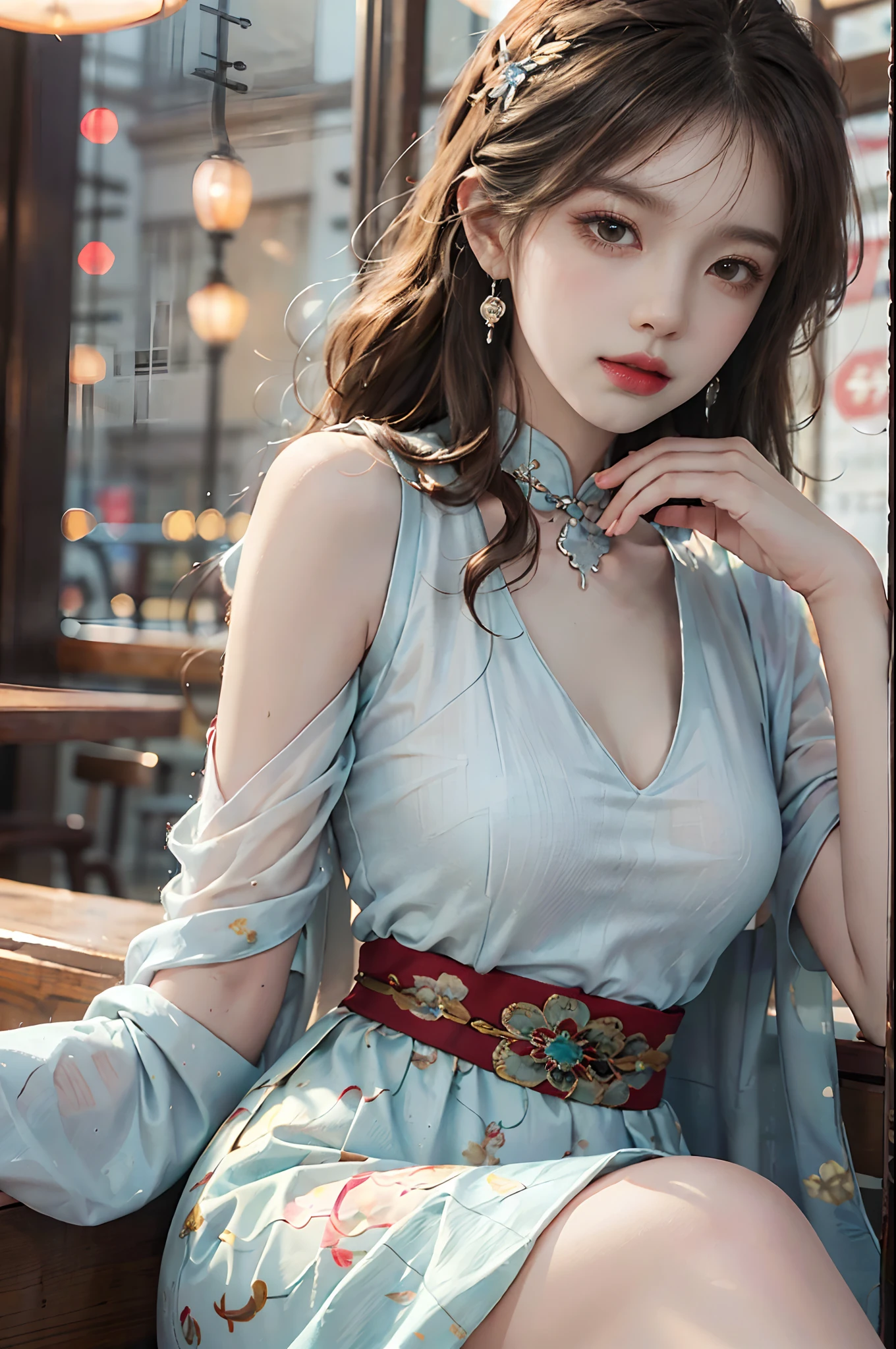 ((upper body)), ((from below)), ((realistic)), 1 Asian female model, A young girl, (Close up), (in a pub, Sit Pose, Leaning against the bar), Look out the window, Pleasing posture, Eye-catching poses, Detailed scenes, Coiled hair, Hairpins, Beautiful hair accessories, Brownish-yellow hair, light make-up, Blushlush, Gloss on lips, pretty legs, ((White cheongsam, shawl, high-waist)), ((warm lights, a warm color palette)), (Extremely high color saturation), Detailed details, ultra-detailliert, (tmasterpiece, best qualtiy), (An extremely delicate and beautiful work), Delicate earrings, Delicate necklace, Simple blurred background, Extreme detail description, Ultra-fine painting, Delicate face, slim toned body, Slimming the waist, (high and cold, Goddess of high cold, Cold and glamorous), (anatomy correct)