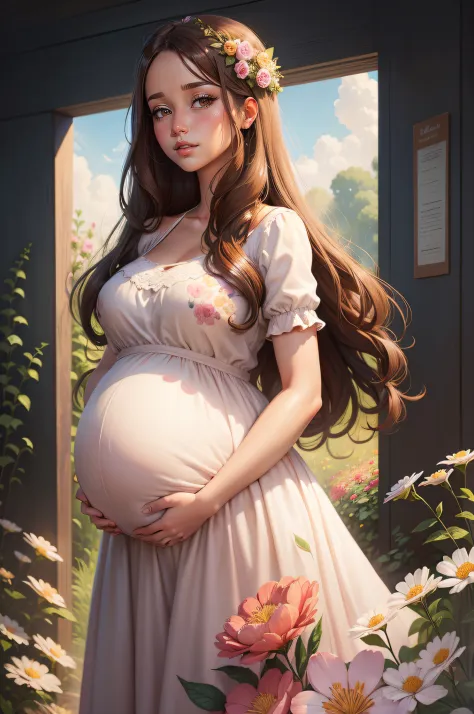 a painting of a pregnant woman with long brown hair, digital cartoon painting art, beautiful digital illustration, cute digital ...