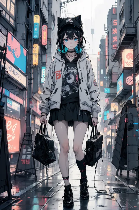 Masterpiece, Anime girl alone, unbelievable Ridiculous, Hoodie, Earphone, street, En plein air, rain, neonlight, Cyberpunk city, Neon lights.