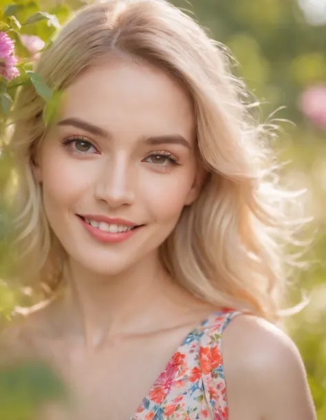 (masutepiece, Vivid portrait:1.3), (Seductive depiction of blonde woman in flower garden:1.2), (Canon EOS 5D Mark IV Camera, Famous for capturing vibrant colors and rich textures:1.2), (Paired with Canon EF 35mm F/1.4L II USM lens for versatile composition...