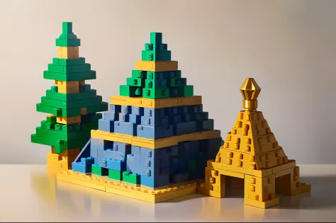 Lego，Pyramidal architecture，، simple，the trees，toys，On a table