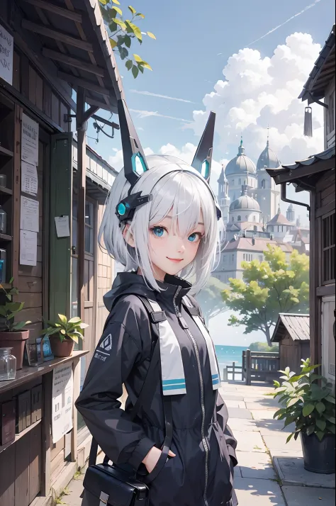 (masterpiece), science fiction, scenery, 1girl, smile, silver hair, aqua eyes, headgear