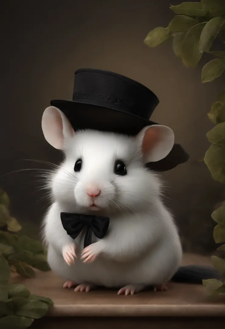 (drawn in a realistic, detailed, and vivid) A cute illustration of a hamster wearing mourning clothes, [black dress](best quality), [elegant black hat](best quality), [tiny black bow](best quality), [mourning veil](best quality:1.2), [solemn expression](be...