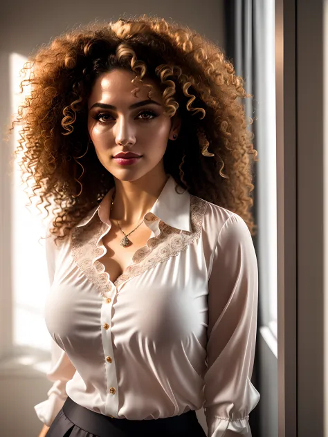 woman with curly hair, wearing a skirt and blouse, detailed seductive alluring eyes, in a modern bedroom, masterpiece, detailed, elegant, best quality, diffused broad light, backlighting, bloom, light sparkles, chromatic aberration, smooth, sharp focus