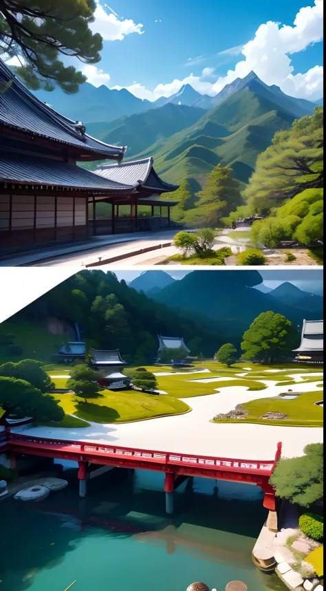 Create a lifelike painting inspired by the beauty of Chinese landscapes. Include majestic mountains, an ancient temple nestled in a picturesque setting, a clear blue sky with fluffy white clouds, and a meandering river flowing through the scene.