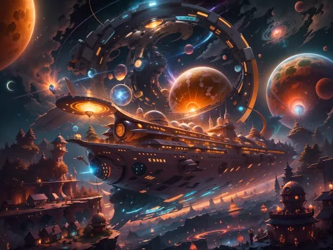 ((Masterpiece)), (Best quality)), 8K, High detail, Hyper-detailing, In the depths of the boundless universe，The orange-red stars burn gently，Wrap everything in a warm glow。A magnificent ship、Mysterious starships slowly shuttling through the vastness of spa...