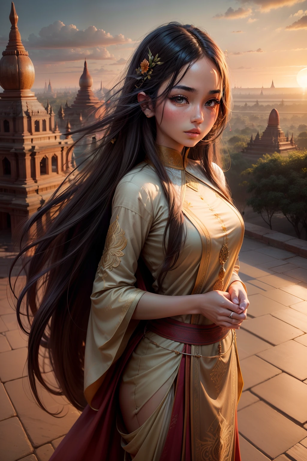 masterpiece, best quality, ultra details, 1 girl, beautiful girl, long hair, standing in front of Bagan pagoda, sunset lighting, 8k, intricately detailed