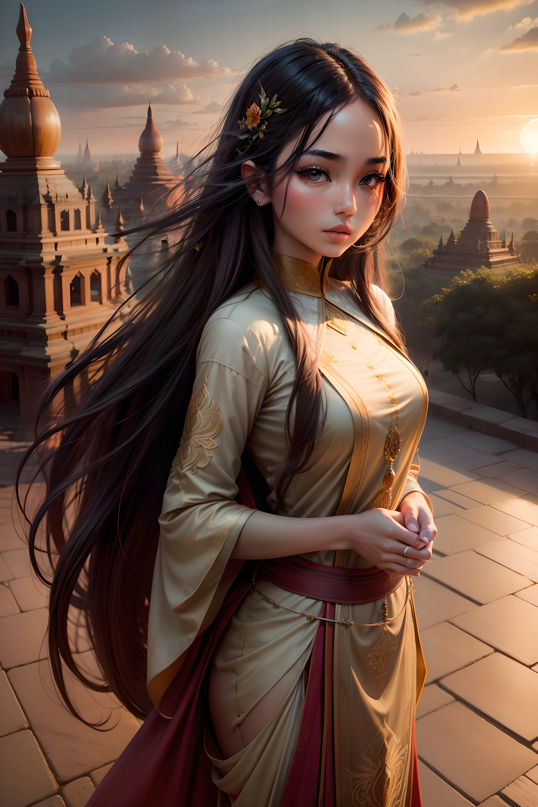 masterpiece, best quality, ultra details, 1 girl, beautiful girl, long hair, standing in front of Bagan pagoda, sunset lighting, 8k, intricately detailed