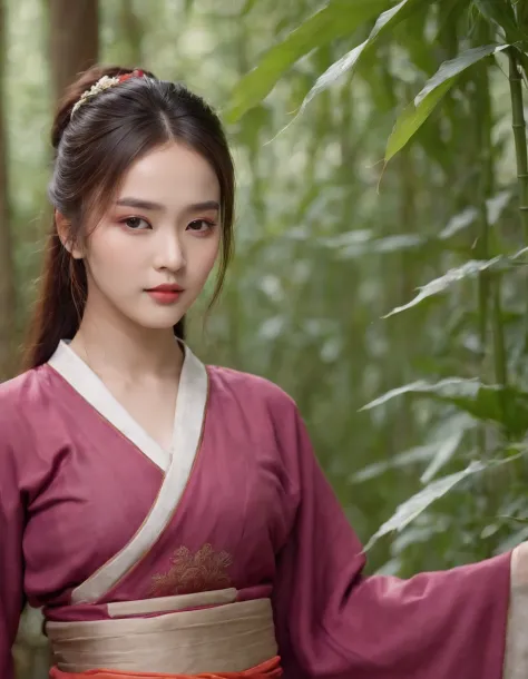 best quality,masterpiece,rich details,in the bamboo forest,1girl,teen,glamor,black eyes,closed mouth,multicolored hair,long hair,straight hair,swept bangs,hanfu,tang style outfits,,cyan blue upper shan,orange long upper shan,red chest po skirt,multicolour ...