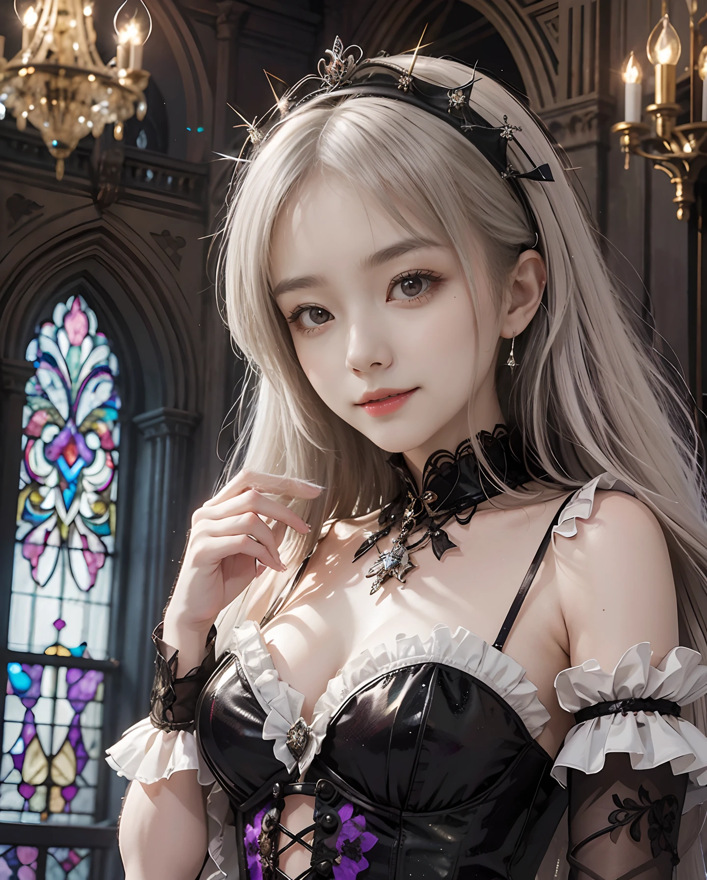 masutepiece、hight resolution、Gothic Lolita costumes、１girl with、9th class、Look at the viewer、smil、Okappa、gothic lorita、The background is a beautiful chandelier inside the castle、Glitter background、Beautiful stained glass museum、the skin is white and transparent