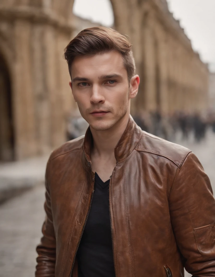 a man wearing a brown leather jacket in the style of meticulous design, andrzej sykut, uhd image, clockpunk, studio photography, website, exacting precision (medium close-up)