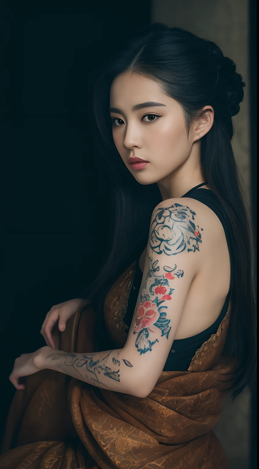 ((Best Quality, 8K, Masterpiece :1.3))Beautiful geisha with a tattoo on her back with a wide plan, Full Body Tattoo .. Rear seated view. inside a castle. With dark backlight_Detailed tattoo, Depth of field, atmospheric perspective,voluminous lighting,Clear Focus,Absurd resolution,Realistic Proportion,good anatomy,(Realistic, Hyper-realistic:1.37),16k HD_Perfect hand texture. Long leg. face texture and detailed tattoo skin.