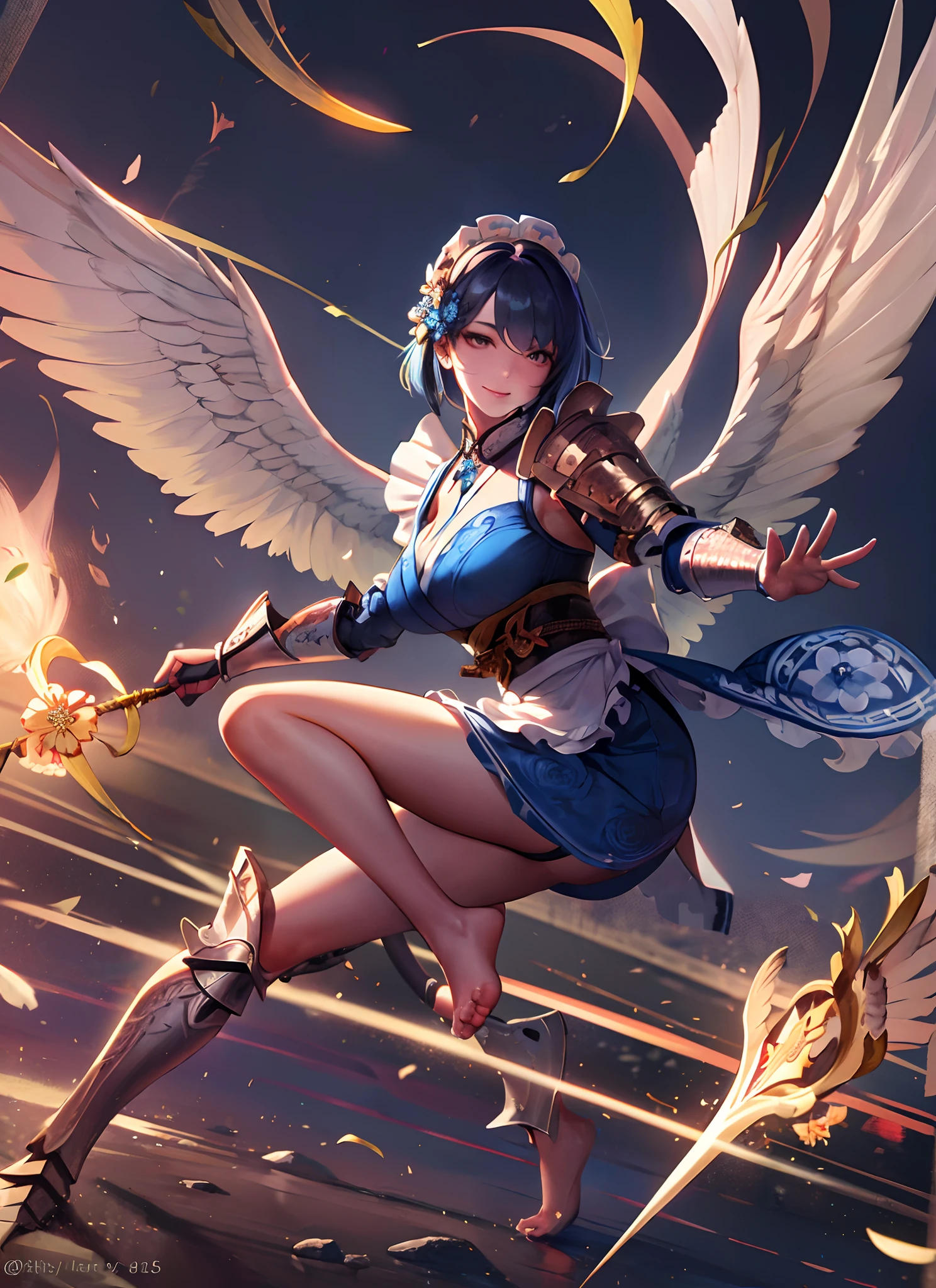 valkyrie、Winged helmet、pluma、armor on the shoulders、Complex and complex perfect lighting、1girl in、looking at the viewers、A smile、(​masterpiece)、(top-quality)电影灯光、wingspan、flying though the air、Glowing feathers、Holy Light、Vivid、Best Quality, (Extremely detailed: 1.5), masutepiece, 超A high resolution,(photographrealistic:1.4), 1 Women with ADLT, Cowboy Shot, (Wear battle armor:1.6), (Blue kimono with floral pattern:1.6), (maid:1.6), Blue Maid Microskirt, Holding a spear, Cheerful, Blue hair, (bob cuts:1.2), Curly hair, (Big eyes:1.1), (Raw feet:1.3),Big breasts, Wind, Dynamic Angle, Dynamic Pose, cloaks