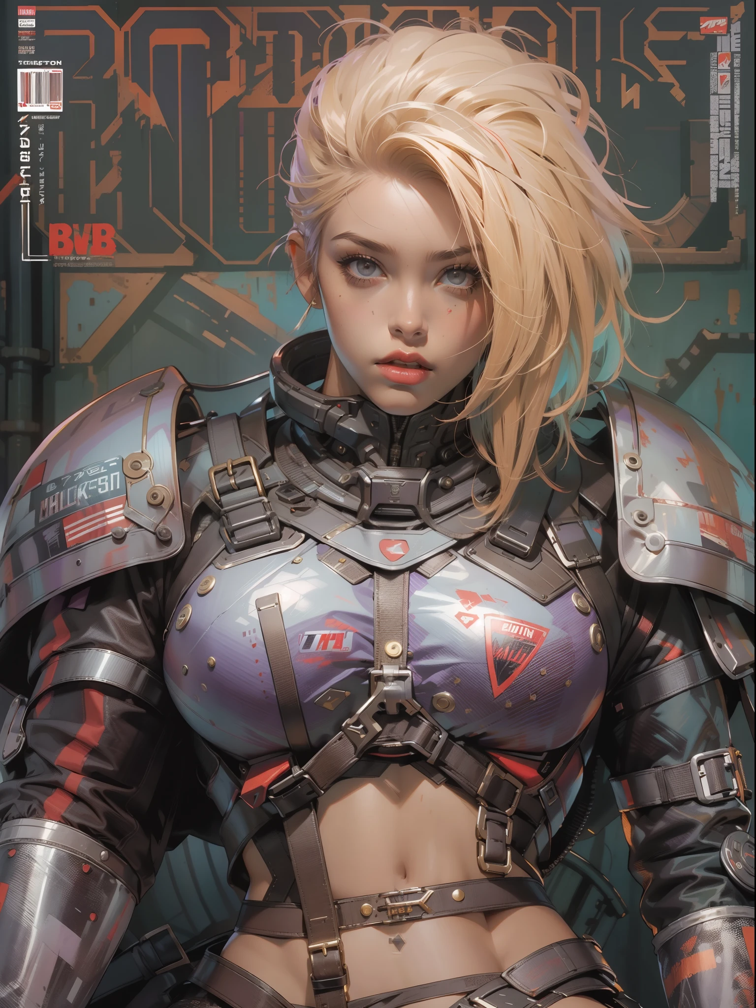 (((woman))), (((best qualityer))), (((tmasterpiece))), (((AS-Adult))), (((1girll))), ((( Bob Hairstyles ))), A 25-year-old cyberpunk gladiator with a perfect body, Shoulder pads with metal spines, Brooklyn gladiolus, (( Bob Hairstyles )), Small leather panties, Torn football team shirt, Simon Bisley, Almost naked（Simon Bisley）Urban savage style《heavy metal》MagazineCover, with short golden hair, Minimum clothing, Left arm metal protection，Has complex graphics, dark red color，White stars and white and purple checkerboard pattern, armure, Full of tips and rivets, (((From the knee up))), Short white blonde hair, The background is Shepard Fairley（Shepard Fairley）Painted walls of complex design