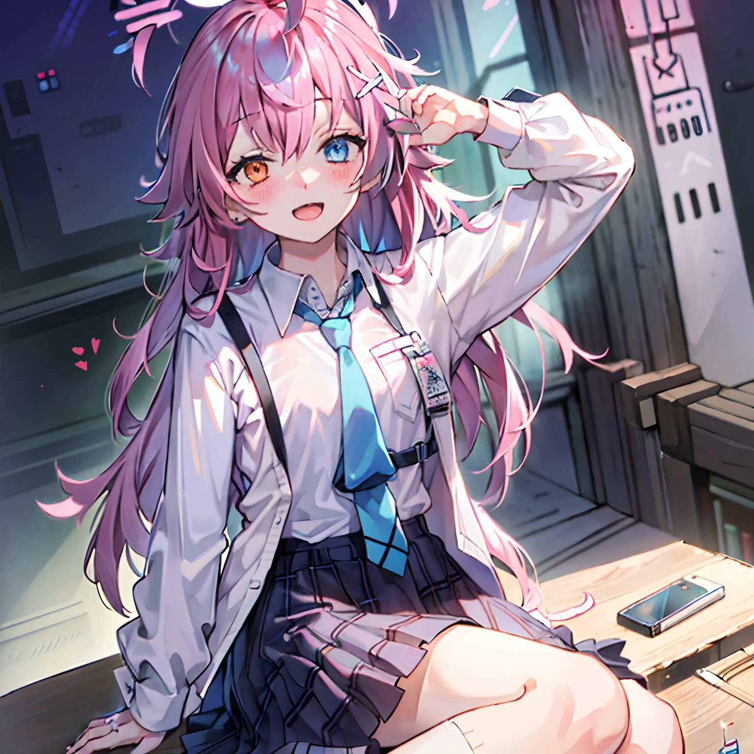 1girl, hoshino (blue archive), solo, heterochromia, pink hair, skirt, long hair, necktie, ahoge, shirt, halo, plaid skirt, blue eyes, plaid, looking at viewer, white shirt, sitting, orange eyes, chest harness, harness, long sleeves, id card, open mouth, very long hair, collared shirt, smile, blue necktie, bangs, feet out of frame, between legs, hand between legs, blush, hair between eyes, highres,masterpiece, best qualit