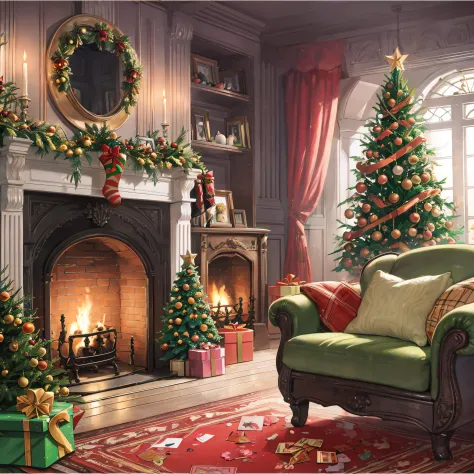((Traditional)), ((greeting card)), ((best quality)), a beautiful Christmas greeting card featuring a cozy indoor scene with candlelight illuminating the festive atmosphere. The illustration style adds a whimsical and playful touch to the scene, with every...