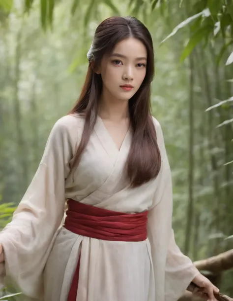 Best quality,Masterpiece,rich details​,In the bamboo forest,1girll,Teenage uncensored,carismatic,Large breasts,Black eyes,Closed mouth,multicolored hair,Long hair,Straight hair,sweeping bangs,Hanfu,tang style outfits,,Turquoise blue up the mountain,The ora...