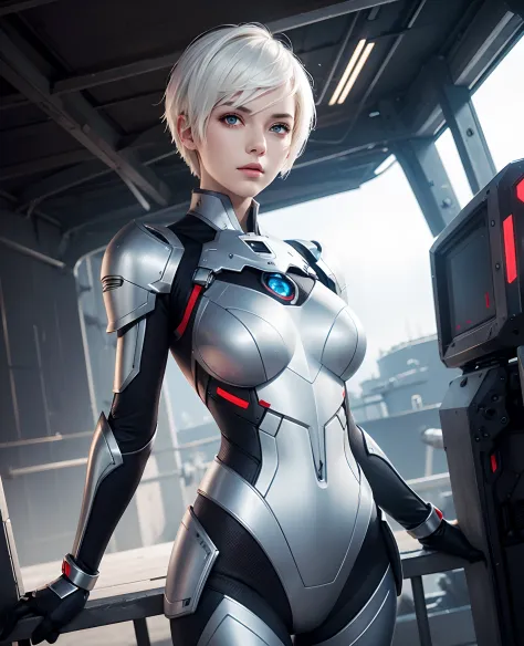 masterpiece, best quality, 1girl, dynamic pose in shipyard, white hair short hair one side up, robot eyes, red eyes, armor, Cybe...