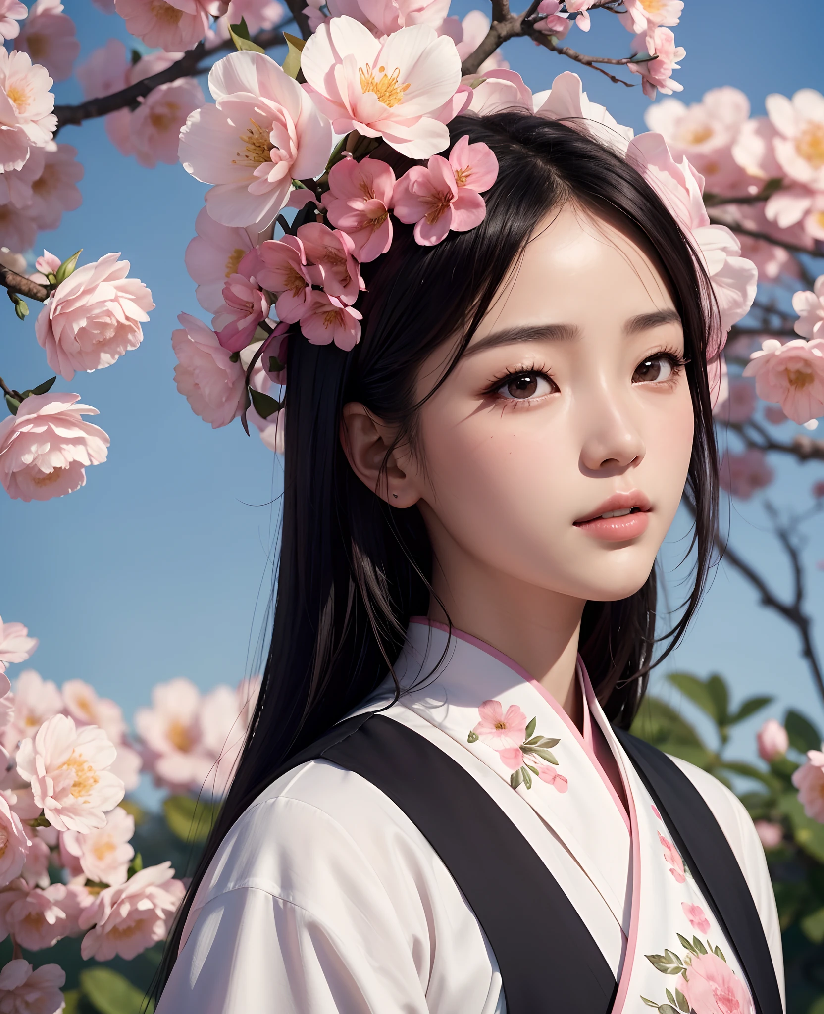 In the background is a hazy blooming flower，Consistent tone，Pink and white main colors，blue-sky，one-girl，Asian people，Exquisite facial features，Black hair，China-style，k hd，8K