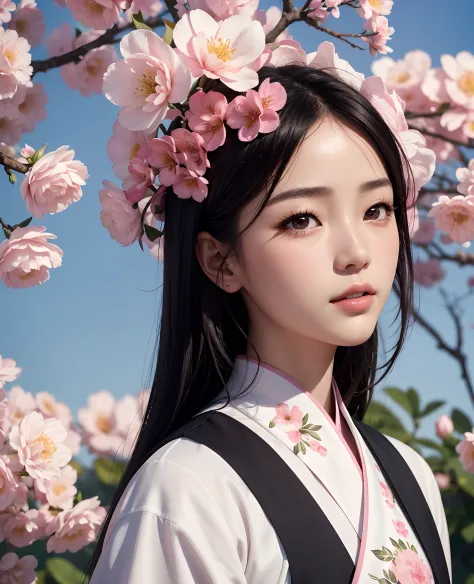 In the background is a hazy blooming flower，Consistent tone，Pink and white main colors，blue-sky，one-girl，Asian people，Exquisite ...