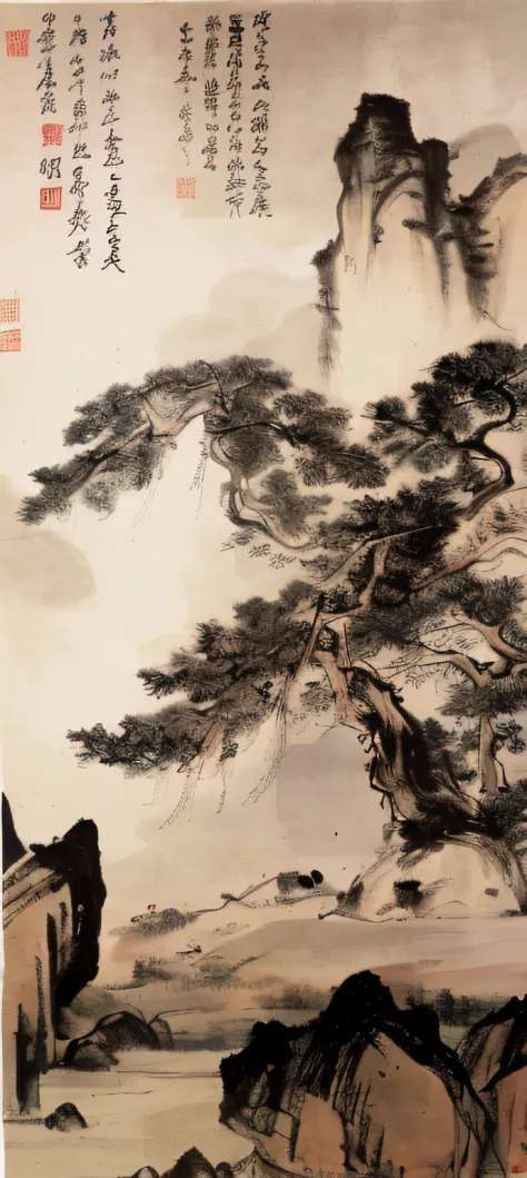 A close-up of a painting of a mountain and a tree, Chinese painting style, Traditional Chinese painting, Traditional Chinese Ink Painting, Traditional Chinese art, Chinese art, Chinese style painting, Chinese ink painting, Chinese painting, ancient china a...