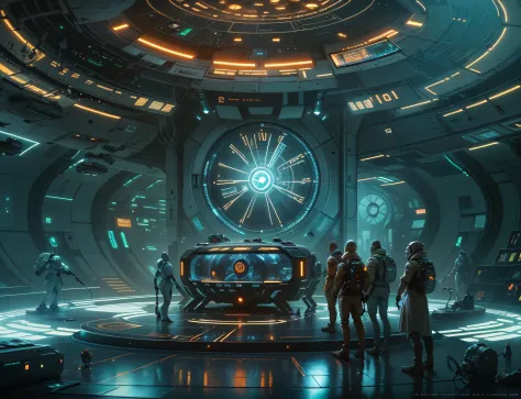 aliens in a spaceship room with a large clock and a large screen, depicted as a scifi scene, science fiction concept art, 8 k hi...