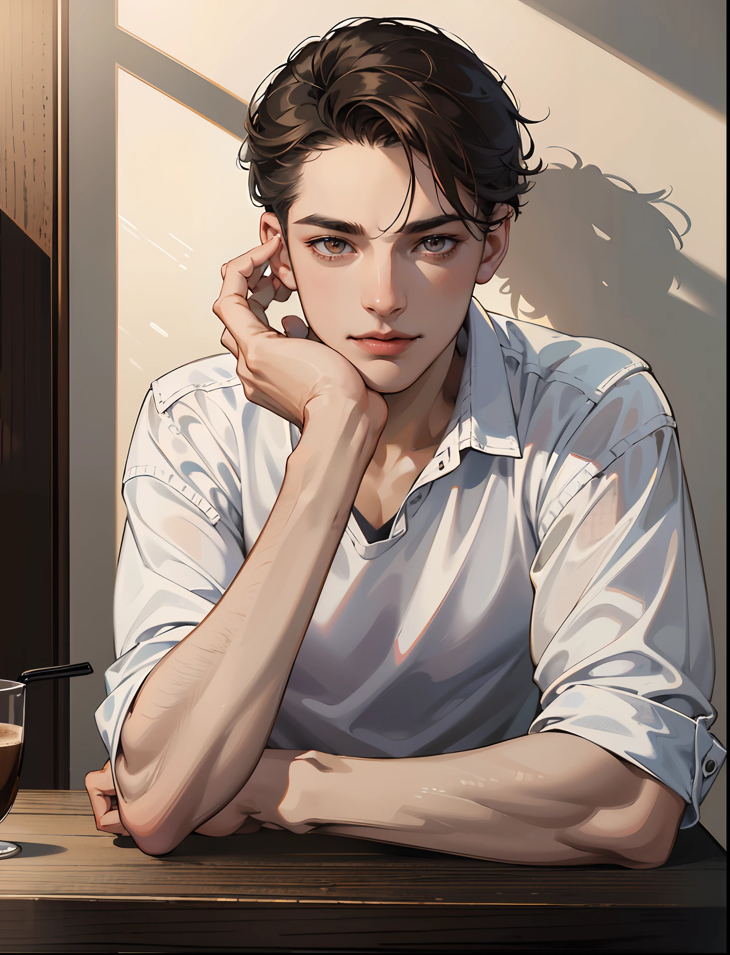 (absurdres, highres, ultra detailed), masterpiece, best quality, 1man, solo, handsome, mature, short hair, dark brown hair, center part hair, brown eye, finely eyes and detailed face, forehead, casual clothes, light smile, coffee shop background, real shadow,