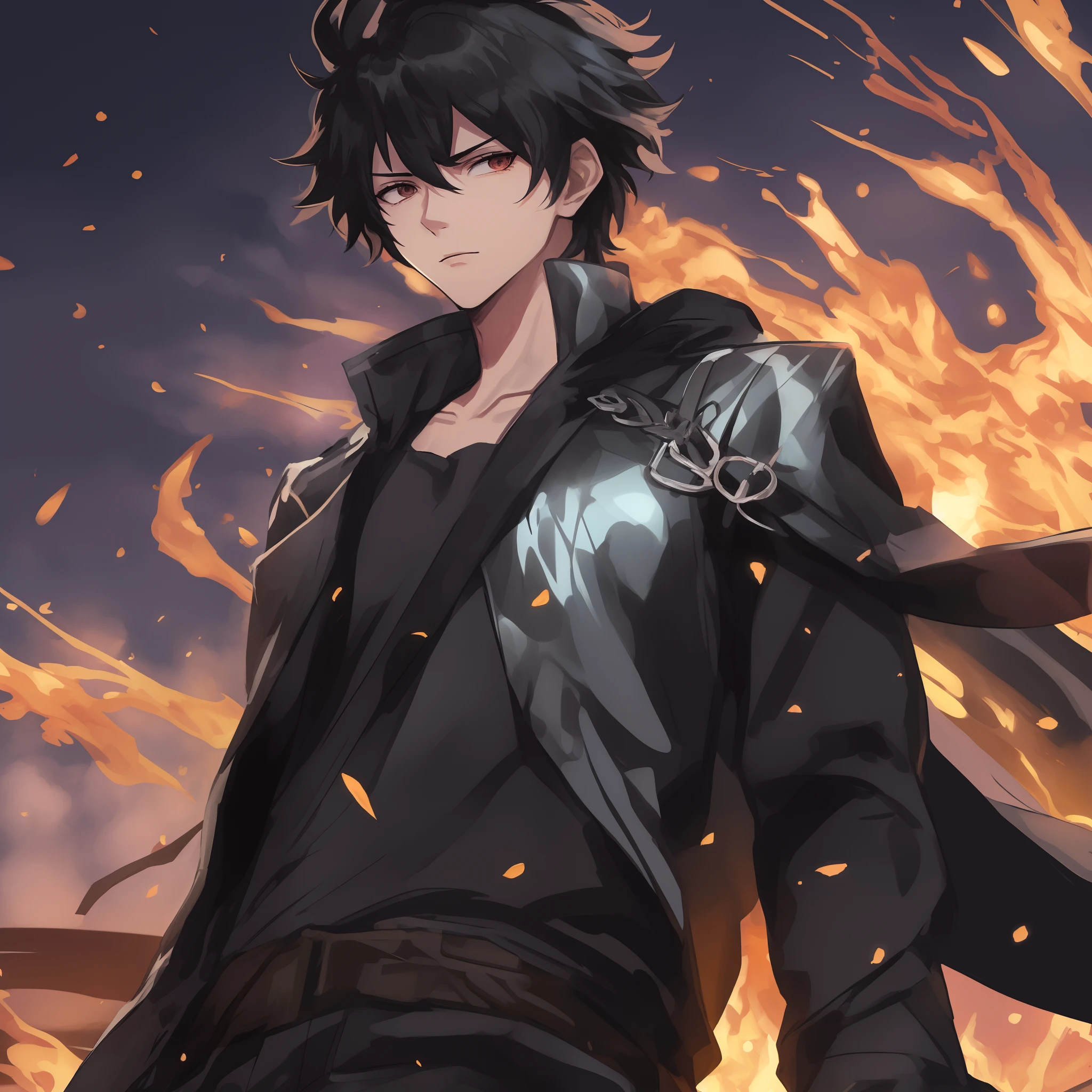 Anime character with black hair and black coat standing in front of a fire, badass anime 8 k, inspirado em Okumura Masanobu, fire!! corpo inteiro, Papel de parede anime 4k, fire behind him, 4k anime wallpapers, Anime Wallpaper 4k, 4 k manga wallpaper, Gatilho Estilo de Arte de Anime, cara bonito na arte demon slayer