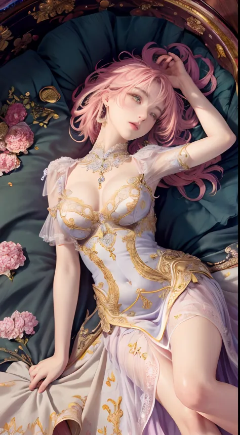 （Masterpiece level，high qulity，real photograph），Complicated details，Fantastical Atmosphere，colorful composition，A pure and beautiful girl，Delicate and detailed face and eyes，Sexy dress，Lie down in bed，spreads her legs apart，Tong，A dress with a sense of des...