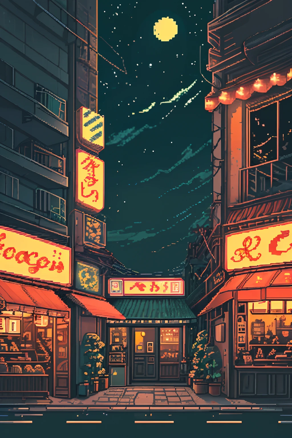 keine Menschen, draußen, Himmel, Nacht, Mond, Anlage, Ramen-Laden, Stern (Himmel), Nacht Himmel, Landschaft, Stadt, Zeichen, potted Anlage, Weitwinkelaufnahme, crescent Mond, Neonlichter, pixel art, pixel