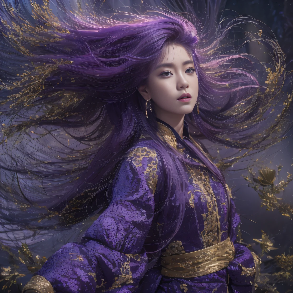 Agate glass texture 32k（傑作，高畫質，超高畫質，32k）亮紫色長髮飄逸，秋天的池塘，盛开， 一种颜色， 亚洲人 （女儿）， （红领巾）， 战斗姿态， 看着地面， 長白髮， 漂浮的亮紫色， 火雲紋金色頭飾， 中國長袖金絲服裝， （抽象墨水飞溅：1.2）， 白色背景，蓮花護法（現實地：1.4），亮紫色的头发，路上冒煙，背景很純淨， 高解析度， 细节， RAW 照片， 夏普再保险， 尼康 D850 膠卷照片由 Jefferies Lee 拍攝 4 柯達 Portra 400 相機 F1.6 枪, 丰富的色彩, 超逼真生動的紋理, 戲劇性的燈光, 虛幻引擎藝術站趨勢, 西奈斯特800，亮紫色長髮飄逸