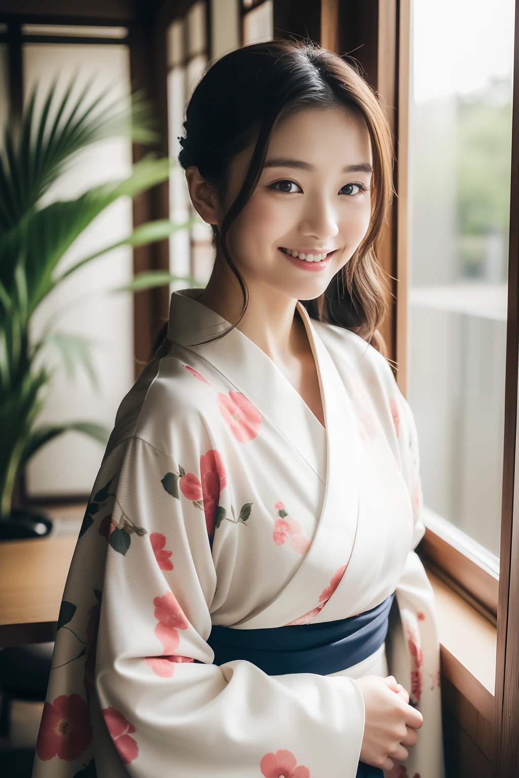 a 25 year old girl、kimono、yukata、Mature pattern、A slight smil、cafe ...