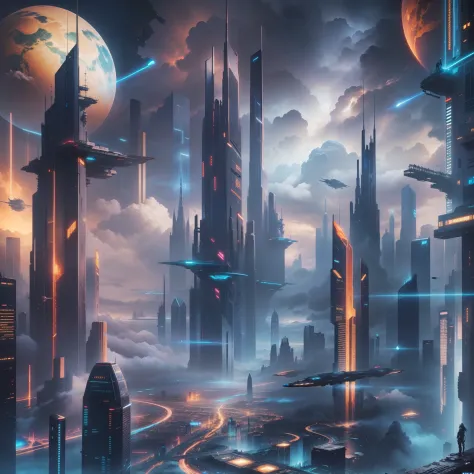 cyberpunked、ＳＦart by、top-quality、​masterpiece、Skyscrapers towering through the clouds、Glass-walled skyscrapers、StarWars、Fantasia、Beautiful city、planet earth、Space City、８Ｋ、