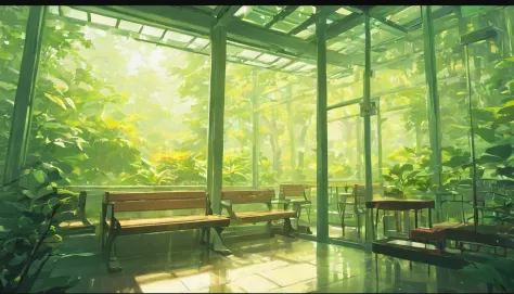 Glass House、Benches、Off-White Natural Light Sunroof Shining Tree、glasshouse