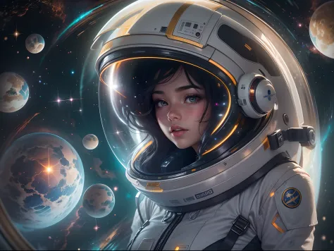 The girl with the pretty face floats in space, portrait of a black-haired young woman in zero gravity, the backdrop of the milky...