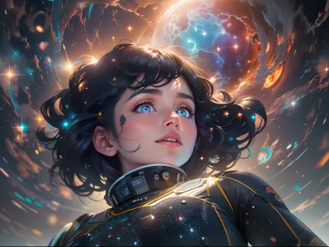 The girl with the pretty face floats in space, portrait of a black-haired young woman in zero gravity, the backdrop of the milky...