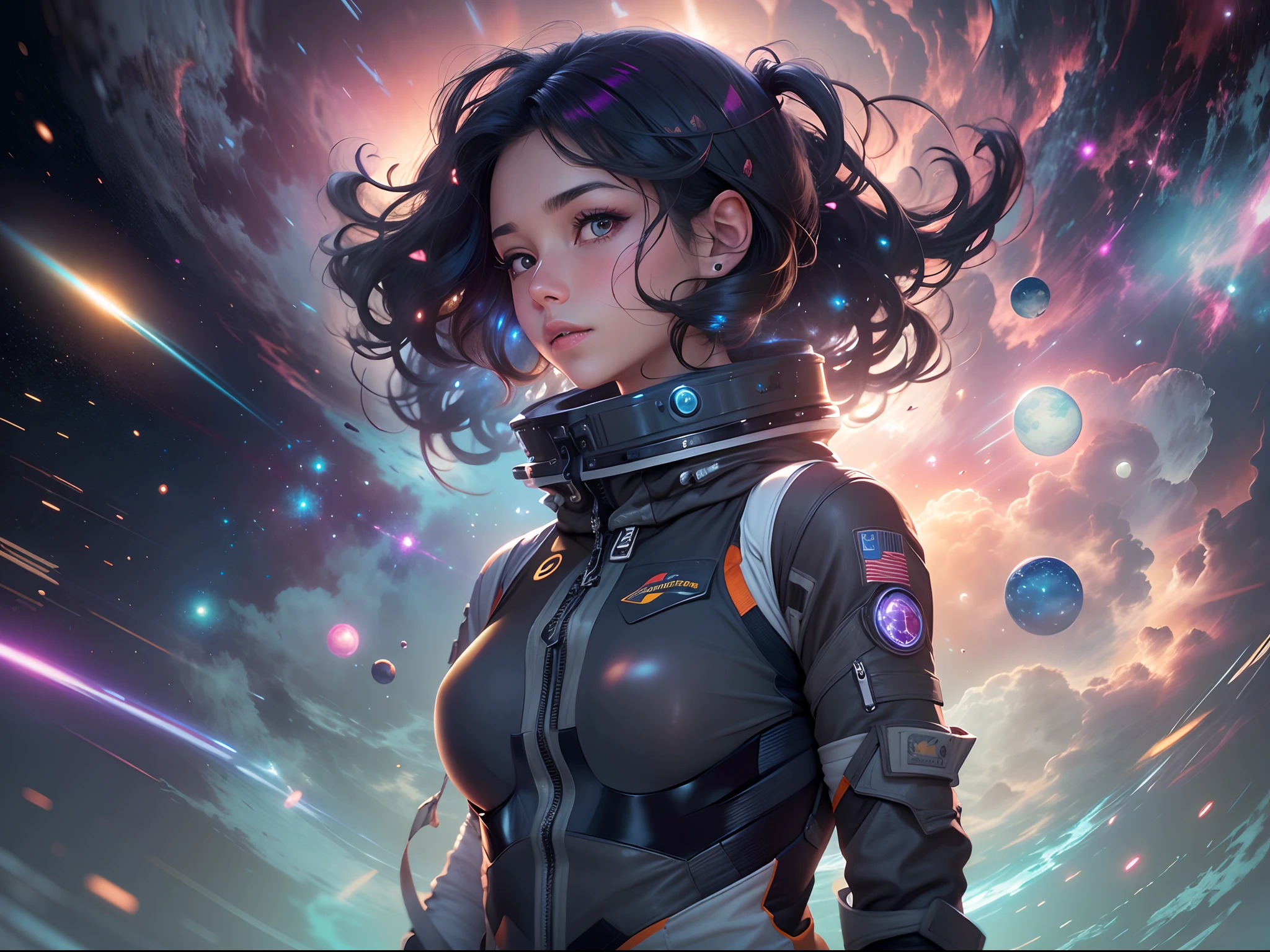 The girl with the pretty face floats in space, portrait of a black-haired young woman in zero gravity, the backdrop of the milky way and a supermassive black hole as background，Wearing high-tech tight spacesuits, There's a huge black hole forming behind it, and the stars behind her swim past ，The girl with the beautiful face stood in the center of the planet, and countless golden meteors converged on her.LightPainting, holographic，Center symmetrical composition，Axisymmetric composition，realistic，skin textures，anatomy correct