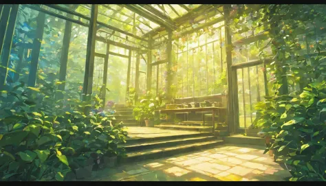 Glasshouse、1 bench、Off-White Natural Light Sunroof Shining Tree、glasshouse、florals