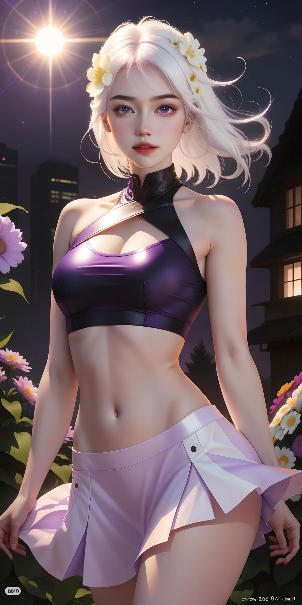 realistic, 1girl, white hair, purple eyes, glowing eyes, crop top, skirt, parted lips, blush, night, flowers, sun, sunlight,