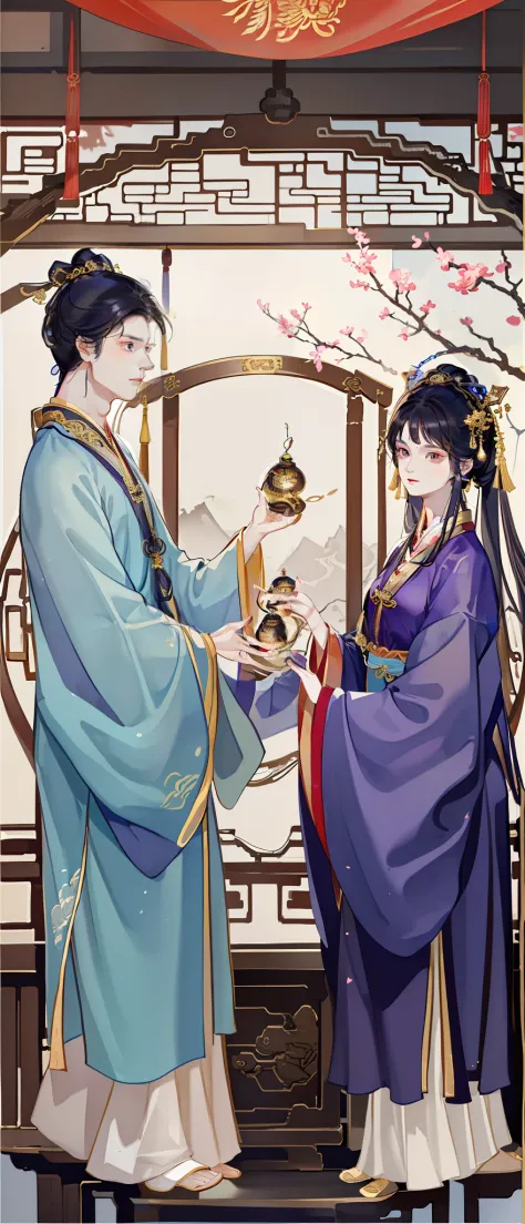 A man and a woman dressed in ancient Chinese costumes, with acient chinese clothes, Traditional Chinese clothing, Wearing a luxurious silk cloak, dressed in simple robes, Wearing a flowing purple robe，The boy on the left，Girl on the right，Gorgeous costumes...