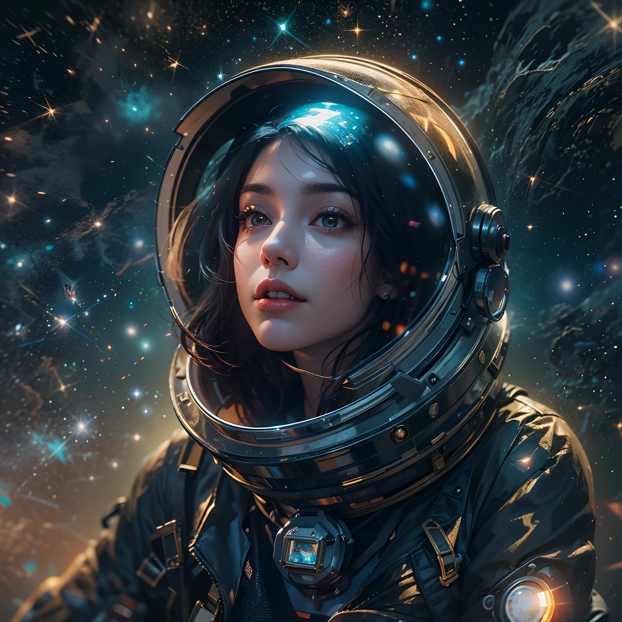 The girl with the pretty face floats in space, portrait of a black-haired young woman in zero gravity, the backdrop of the milky way and a supermassive black hole as background，Wearing high-tech tight spacesuits,  There's a huge black hole forming behind it, and the stars behind her swim past ，The girl with the beautiful face stood in the center of the planet, and countless golden meteors converged on her.LightPainting, holographic，Center symmetrical composition，Axisymmetric composition，realistic，skin textures，anatomy correct