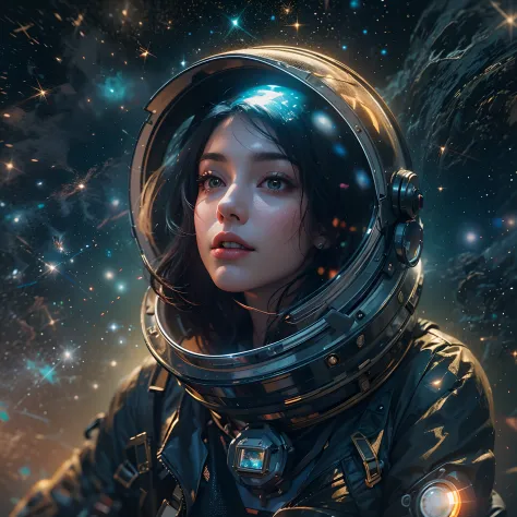 The girl with the pretty face floats in space, portrait of a black-haired young woman in zero gravity, the backdrop of the milky...