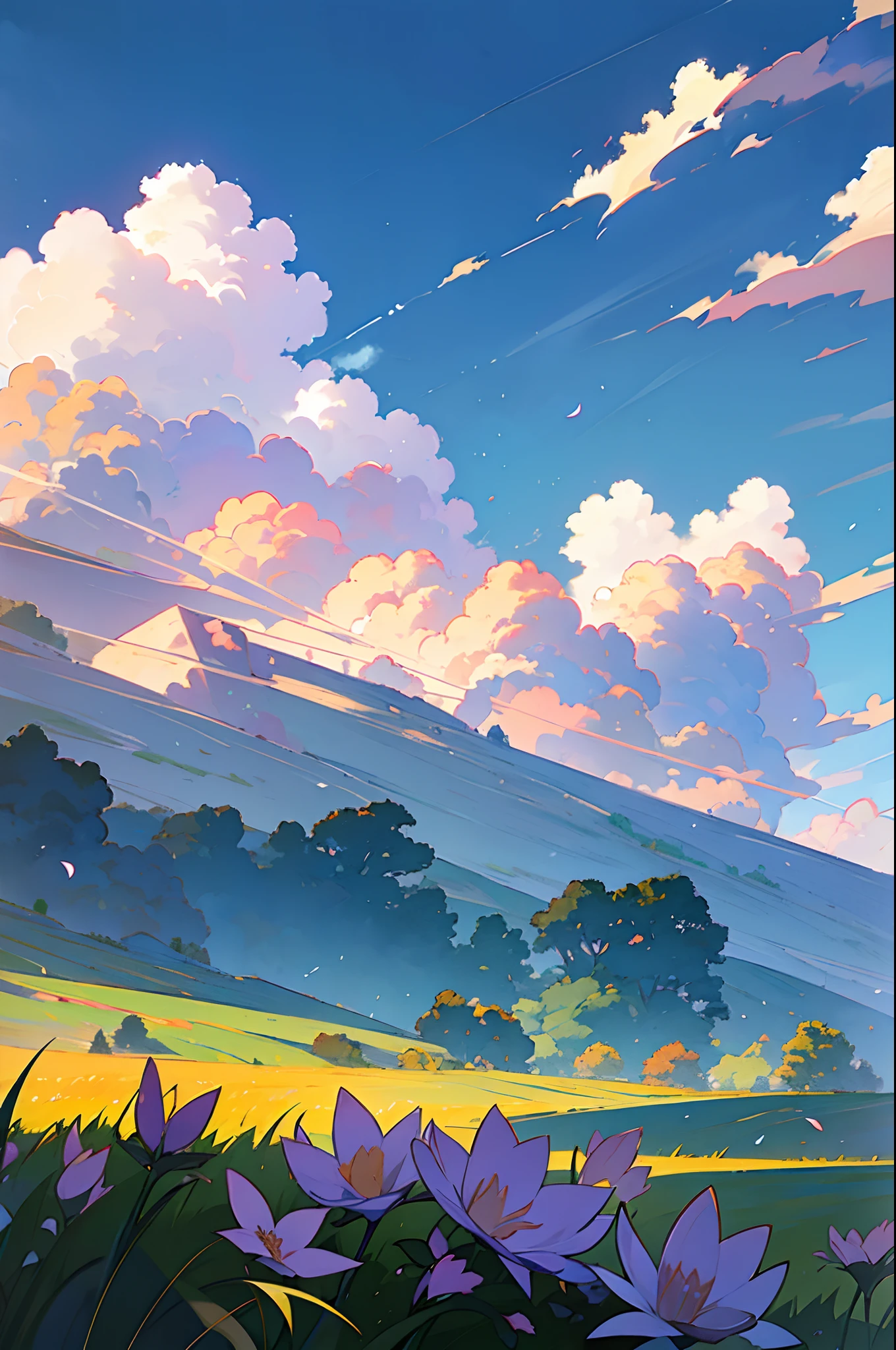 anime scenery of a field with flowers and a plane in the sky, beautifull puffy clouds. anime, anime clouds, anime countryside landscape, anime landscape, ross tran. scenic background, detailed scenery —width 672, rhads and lois van baarle, style of makoto shinkai, studio glibly makoto shinkai