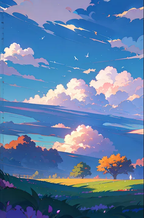 anime scenery of a field with flowers and a plane in the sky, beautifull puffy clouds. anime, anime clouds, anime countryside la...