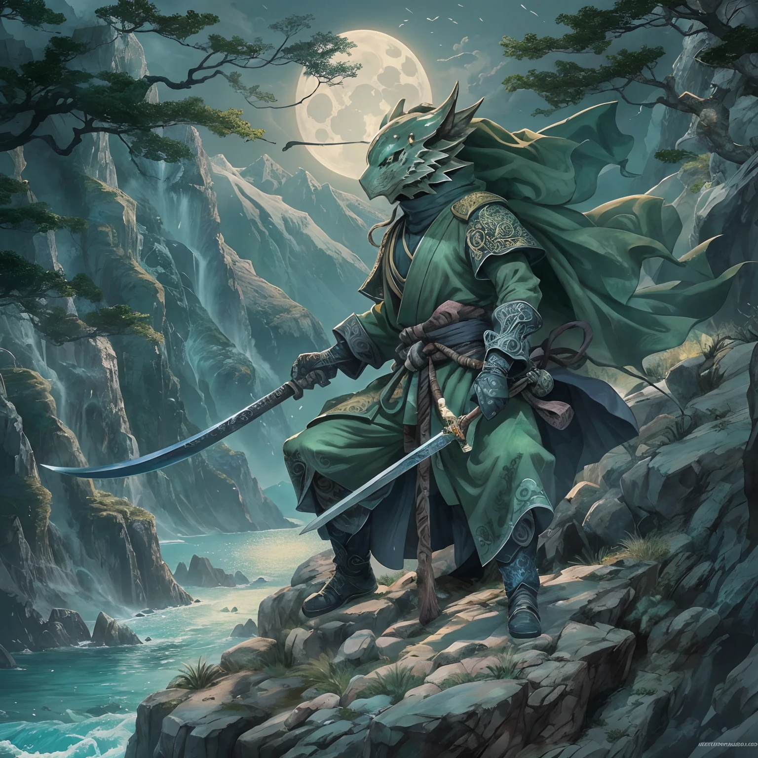 mystic ninja，Detailed face，Detailed eyes，Clear eyes，Gui Zen，Exotic beasts of mountains and seas，Dark green and black details, Loose and thick clothing covers the body，standing on cliff，Bask in the luxury of Yoshitaka Amano in the moonlight，fanciful，sci-fy，the complex background（full bodyesbian），((dynamicposes))，Colorful wallpapers，Highly detailed，Masterpiece，best qualtiy，art  stations