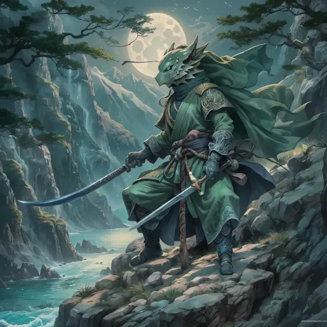 mystic ninja，detailed face，detailed eyes，clear eyes，gui zen，exotic beasts of mountains and seas，dark green and black details, lo...