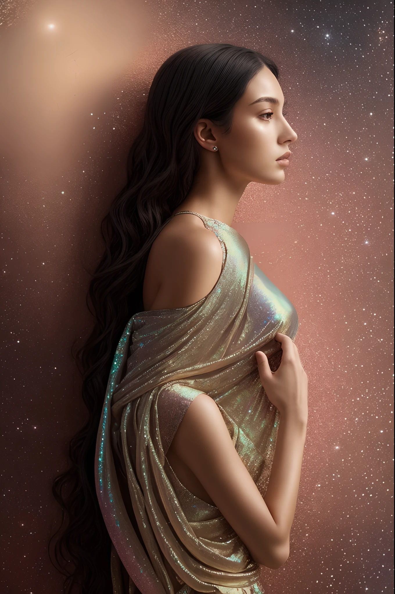 A wandering lady, intricate,hyperrealistic,best quality ,In Silk Iridescent Texture, dark portrait, modern and trendy style, soft and feminine aesthetic, natural lighting,cosmic burning background, high-quality details