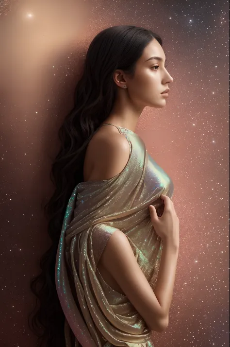 a wandering lady, intricate,hyperrealistic,best quality ,in silk iridescent texture, dark portrait, modern and trendy style, sof...