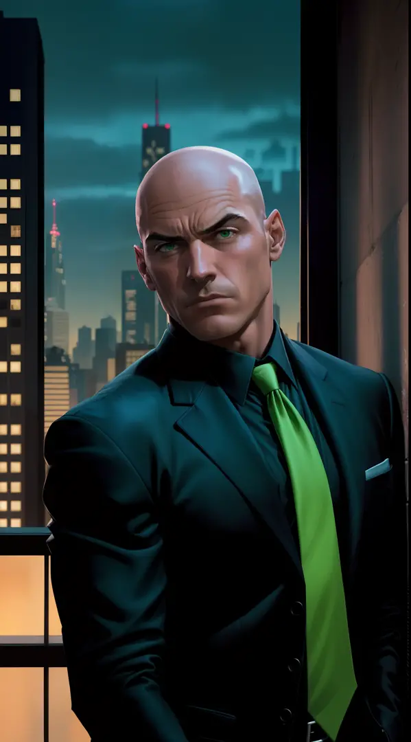 1 man, solo, upper body shot, Lex Luthor, middle-aged man, bald head, square jawline, lean muscle, broad shoulder, emotionless f...